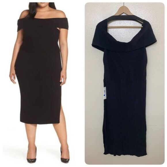 Eliza J Off the Shoulder MIDI Sweater Dress Plus Sz 2X Black - Picture 1 of 7